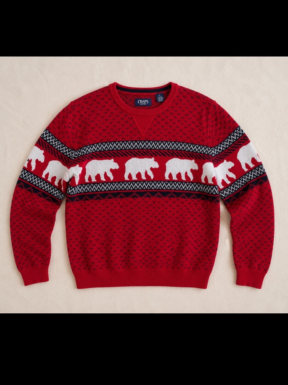 Chaps Polar Bear Fair Isle Sweater Red Cotton Crewneck Men’s Medium